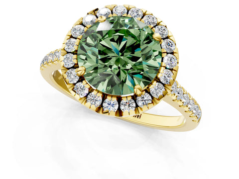 Yellow gold Fancy Green Round Cut Diamond Cushion Halo Ring with Pavé Band_1