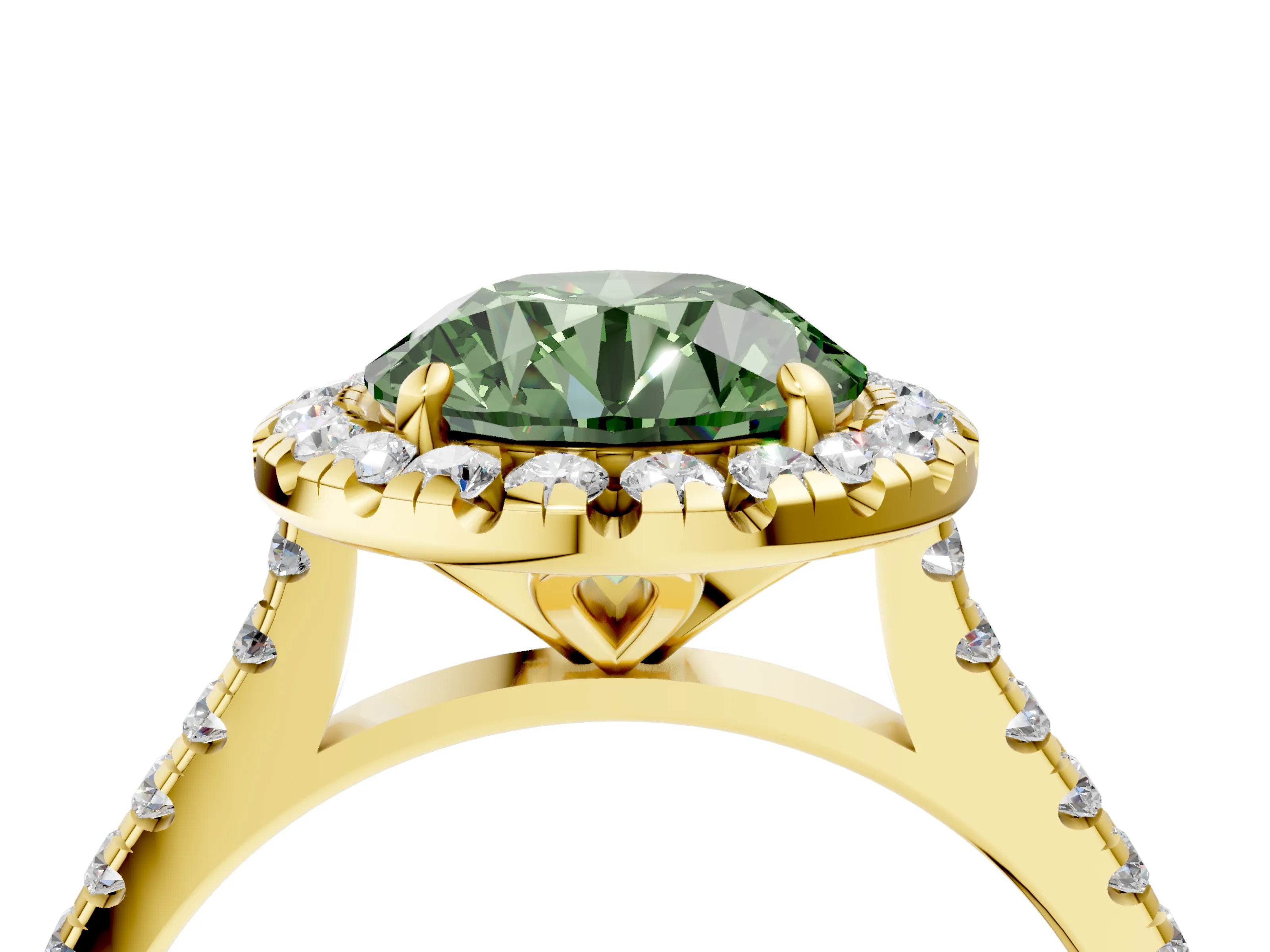 Yellow gold Fancy Green Round Cut Diamond Cushion Halo Ring with Pavé Band_4