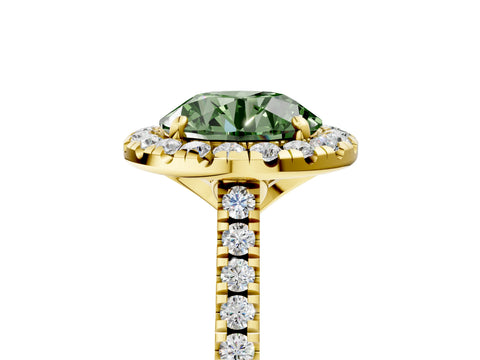 Yellow gold Fancy Green Round Cut Diamond Cushion Halo Ring with Pavé Band_5
