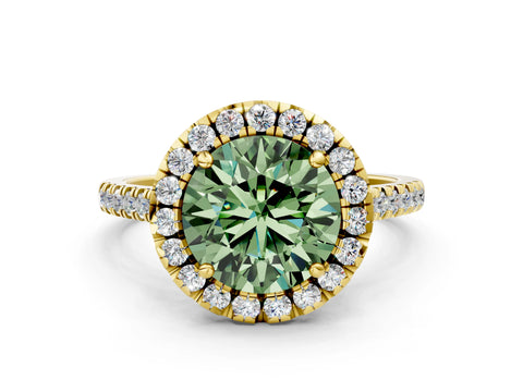 Yellow gold Fancy Green Round Cut Diamond Cushion Halo Ring with Pavé Band