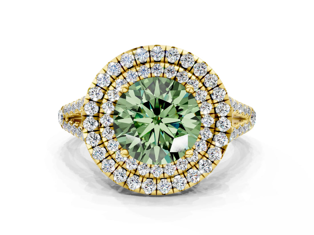 Yellow gold Fancy Green Round Cut Diamond Double Halo Ring with Pavé Band and Prong Setting_72
