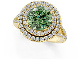 Yellow gold Fancy Green Round Cut Diamond Double Halo Ring with Pavé Band and Prong Setting_73