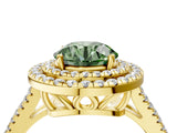 Yellow gold Fancy Green Round Cut Diamond Double Halo Ring with Pavé Band and Prong Setting_76