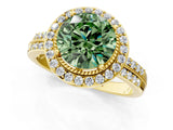 Yellow gold Fancy Green Round Cut Diamond Double Halo Ring with Split Shank and Four-Prong Setting_1