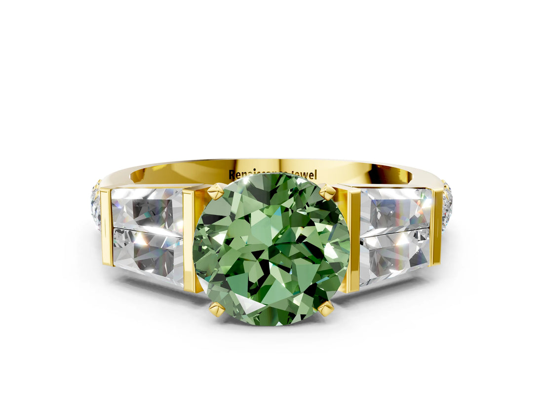 Yellow gold Fancy Green Round Cut Diamond Engagement Ring with Baguette Side Stones and Channel Set Band_20