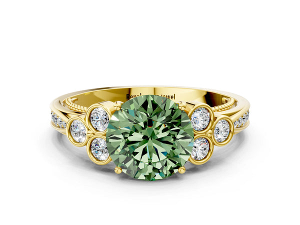 Yellow gold Fancy Green Round  Cut Diamond Engagement Ring with Bezel Set Round Side Stones and Prong Setting