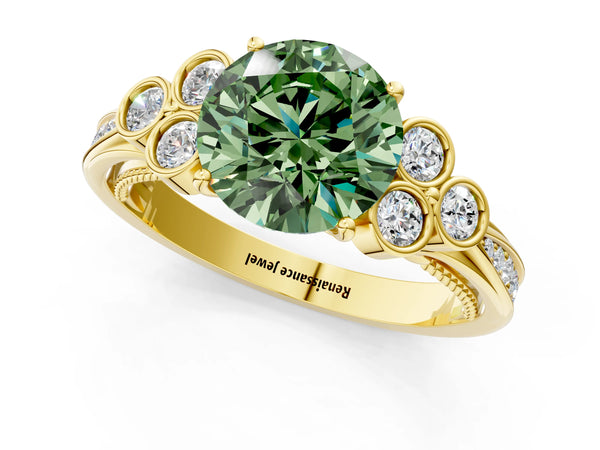 Yellow gold Fancy Green Round  Cut Diamond Engagement Ring with Bezel Set Round Side Stones and Prong Setting
