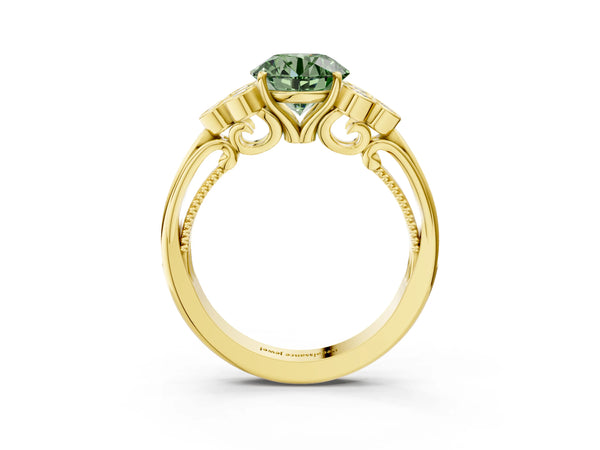 Yellow gold Fancy Green Round  Cut Diamond Engagement Ring with Bezel Set Round Side Stones and Prong Setting
