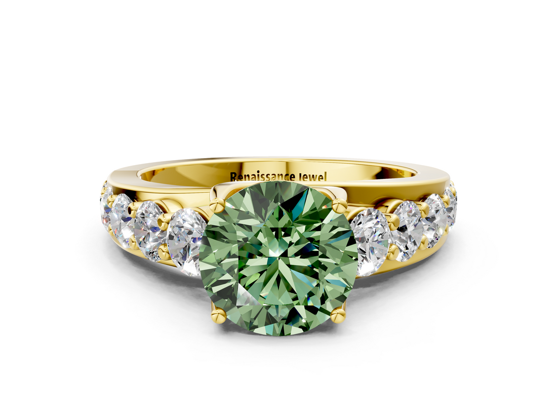 Yellow gold Fancy Green Round  Cut Diamond Engagement Ring with Pavé Band and Four-Prong Setting_3