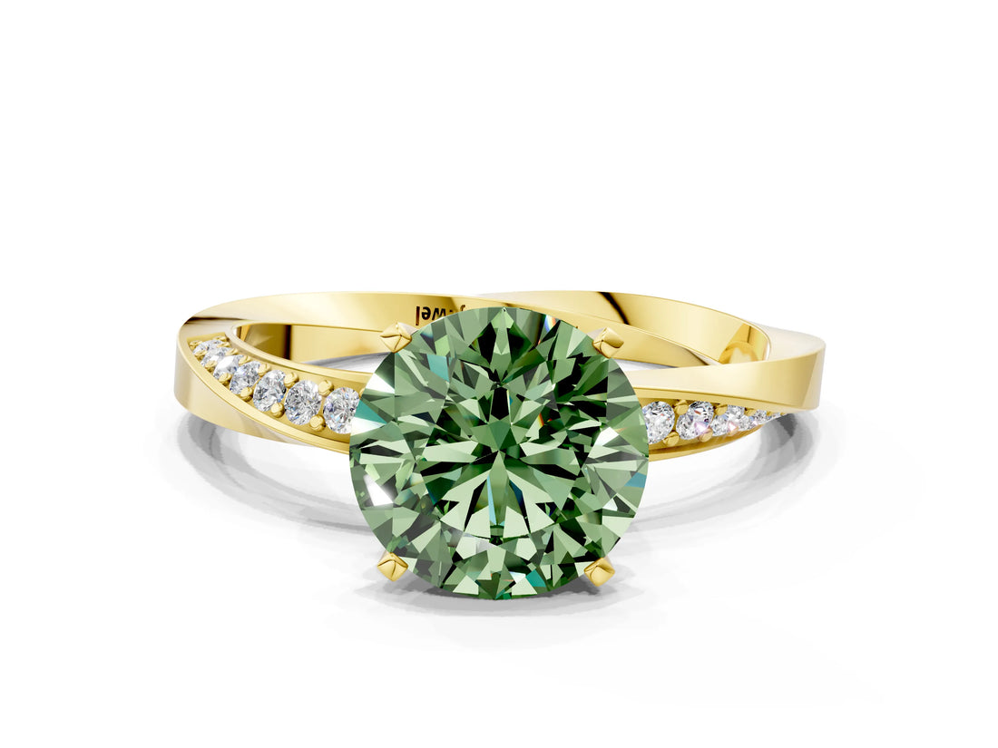 Yellow gold Fancy Green Round Cut Diamond Engagement Ring with Side Stone Accents and Four-Prong Setting_12