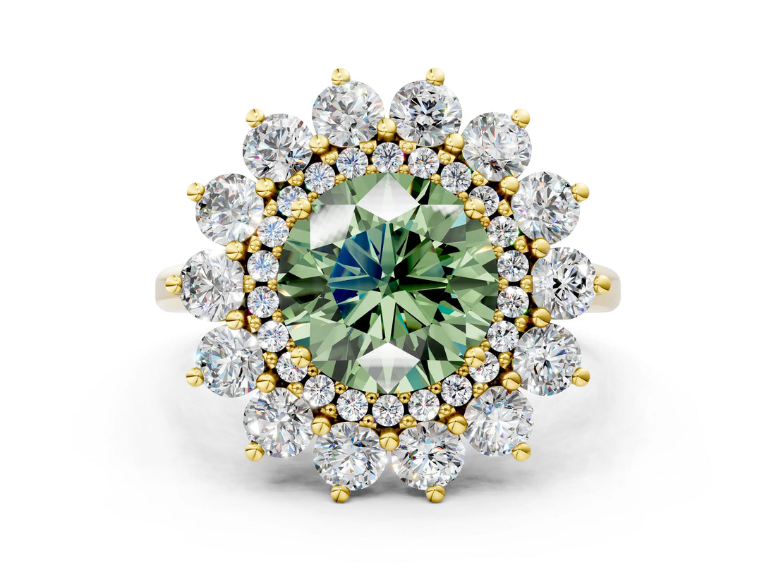 Yellow gold Fancy Green Round Cut Diamond Floral Double Halo Engagement Ring with Prong Setting_24