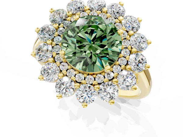 Yellow Gold Round Floral Double Halo Engagement Ring Setting for Fancy Green Center