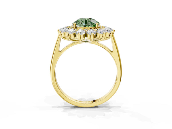 Yellow Gold Round Floral Double Halo Engagement Ring Setting for Fancy Green Center