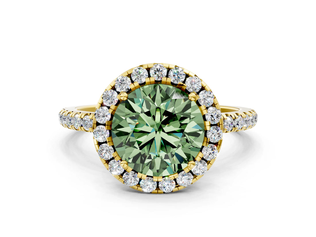 Yellow gold Fancy Green Round  Cut Diamond Floral Halo Engagement Ring with Pavé Band and Prong Setting_37