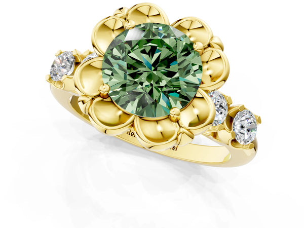Yellow Gold Round Floral Engagement Ring Setting for Fancy Green Center with Side Accents