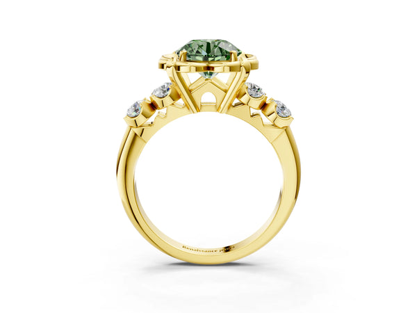 Yellow Gold Round Floral Engagement Ring Setting for Fancy Green Center with Side Accents