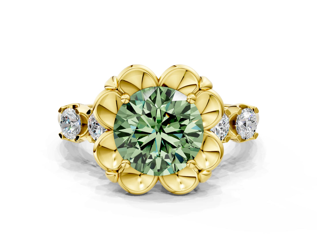 Yellow gold Fancy Green Round  Cut Diamond Floral Halo Engagement Ring with Shared Prong Setting