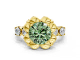 Yellow gold Fancy Green Round  Cut Diamond Floral Halo Engagement Ring with Shared Prong Setting