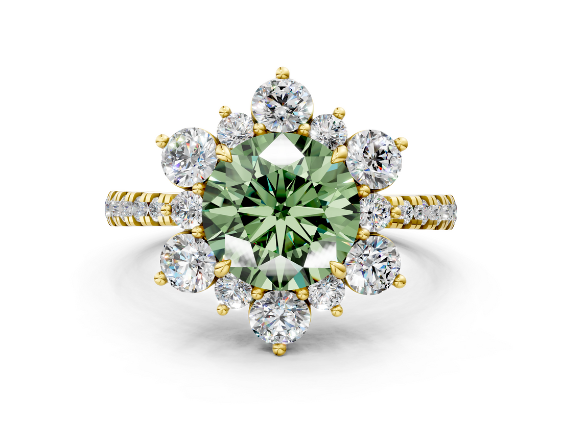 Yellow gold Fancy Green Round  Cut Diamond Floral Halo Pave Band with Prong Setting_37