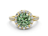 Yellow gold Fancy Green Round Cut Diamond Floral Halo Ring with Pavé Band and Prong Setting_3