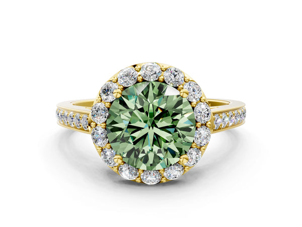 Yellow gold Fancy Green Round Cut Diamond Floral Halo Ring with Pavé Band and Prong Setting