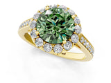 Yellow gold Fancy Green Round Cut Diamond Floral Halo Ring with Pavé Band and Prong Setting_4