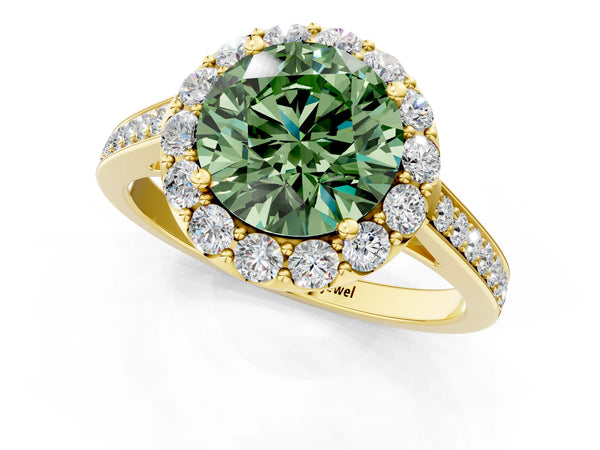 Yellow gold Fancy Green Round Cut Diamond Floral Halo Ring with Pavé Band and Prong Setting