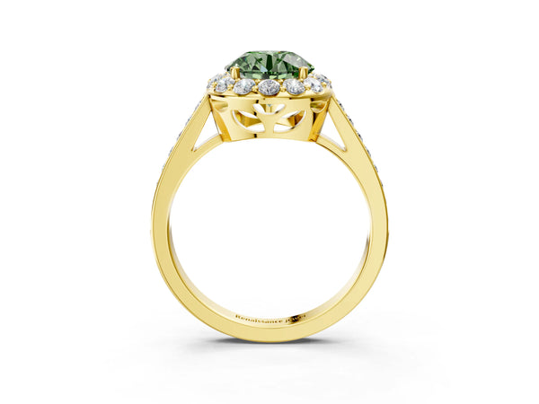 Yellow gold Fancy Green Round Cut Diamond Floral Halo Ring with Pavé Band and Prong Setting