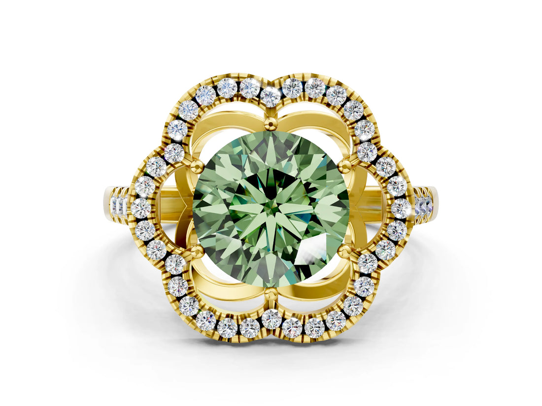 Yellow gold Fancy Green Round Cut Diamond Floral Halo Split Shank Prong Setting Ring
