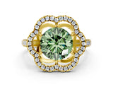Yellow gold Fancy Green Round Cut Diamond Floral Halo Split Shank Prong Setting Ring
