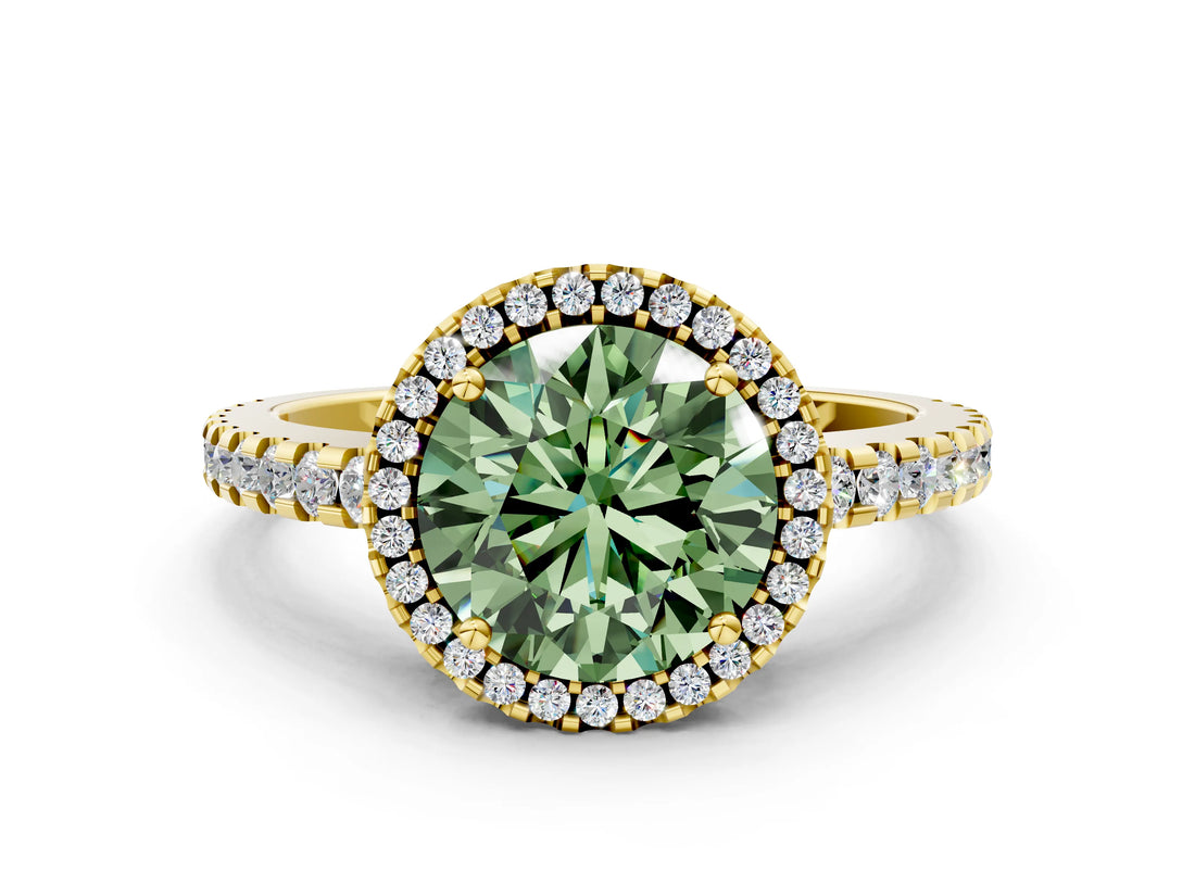 Yellow gold Fancy Green Round Cut Diamond Halo Engagement Ring with Pavé Band and Prong Setting_27