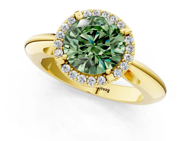 Yellow gold Fancy Green Round  Cut Diamond Halo Engagement Ring with Split Shank and Four-Prong Setting
