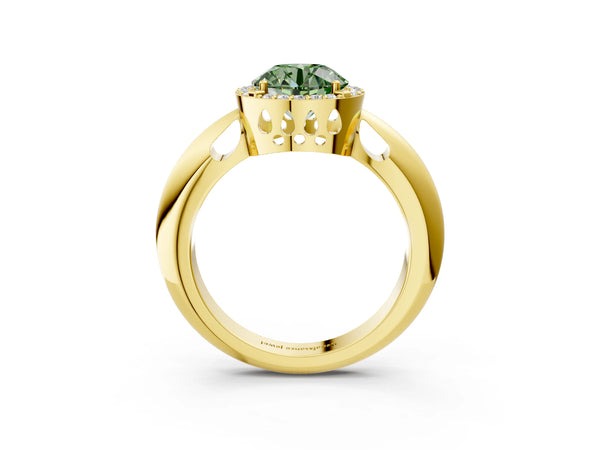 Yellow gold Fancy Green Round  Cut Diamond Halo Engagement Ring with Split Shank and Four-Prong Setting