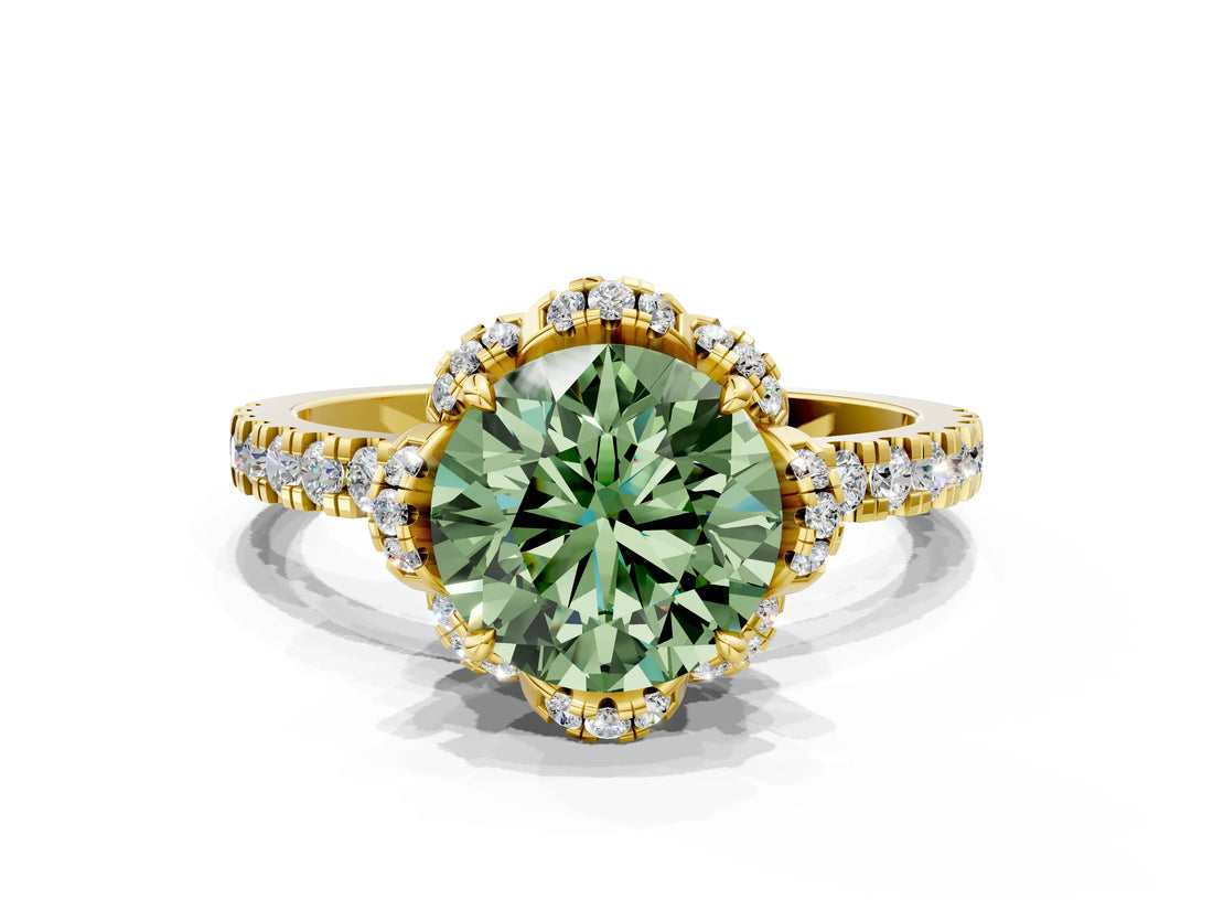 Yellow gold Fancy Green Round Cut Diamond Halo Pave Band with Four-Prong Setting_3