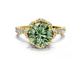 Yellow gold Fancy Green Round Cut Diamond Halo Pave Band with Four-Prong Setting_3