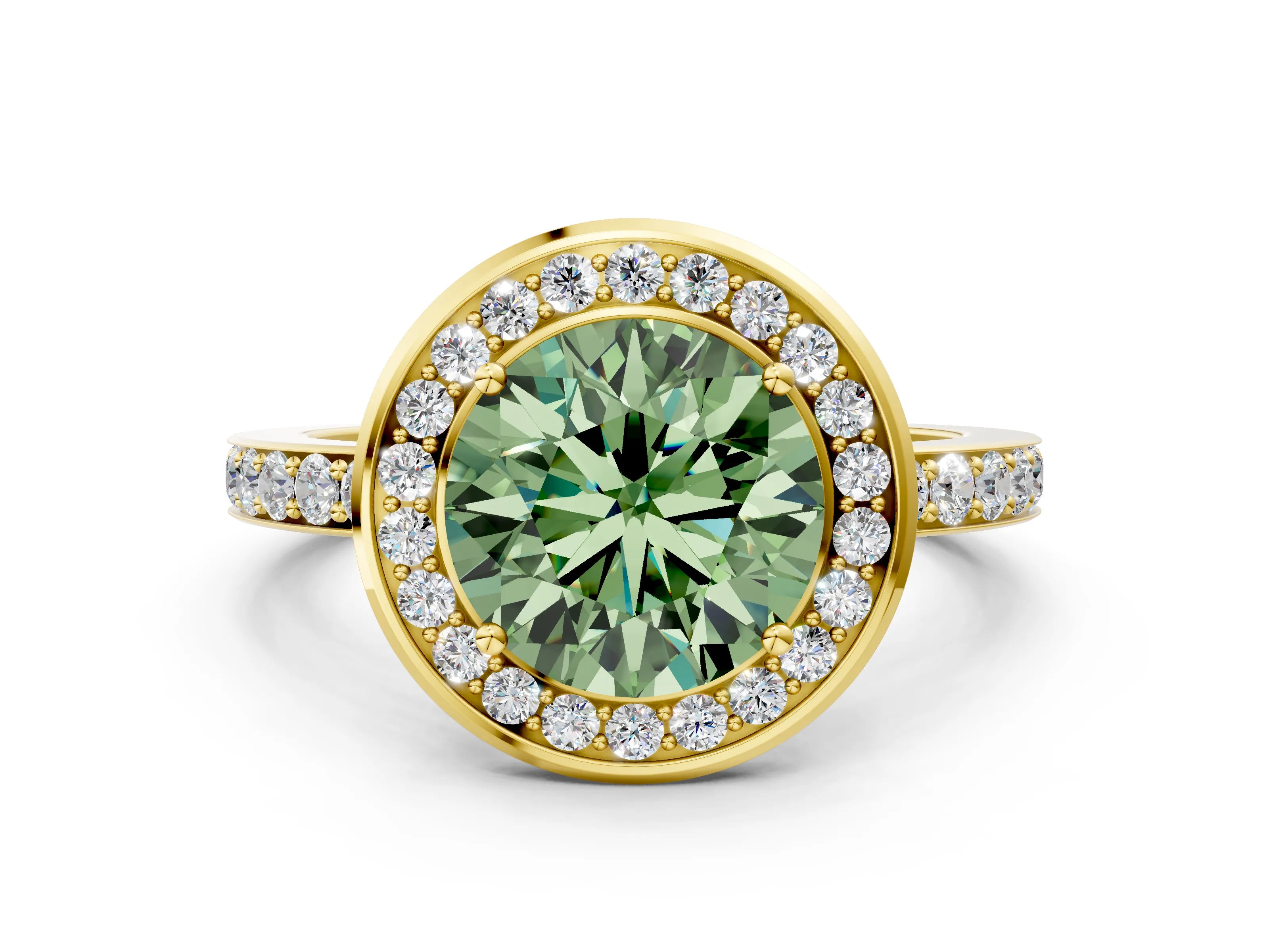 Yellow gold Fancy Green Round Cut Diamond Halo Ring with Bezel Frame and Pavé Band