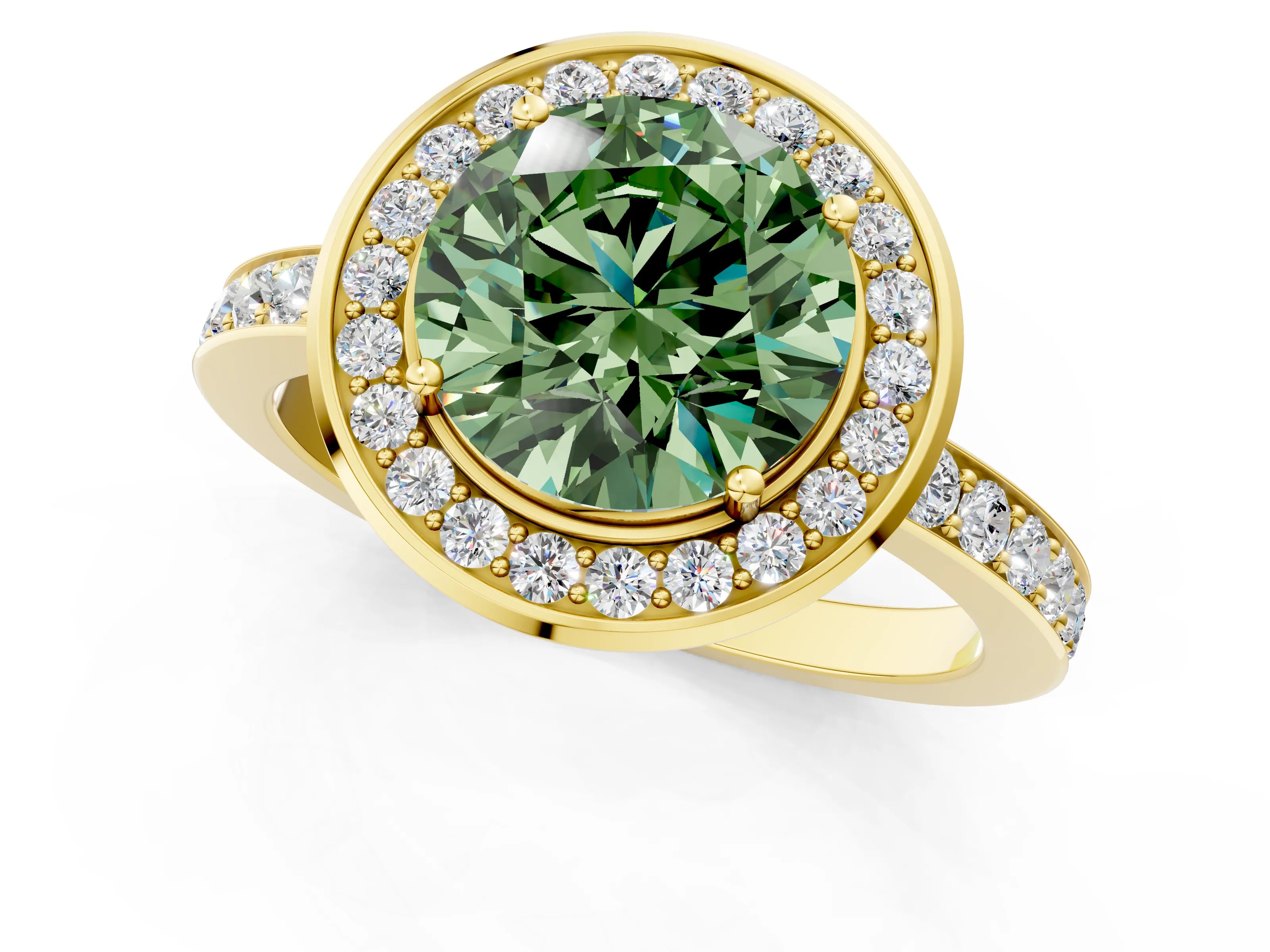 Yellow gold Fancy Green Round Cut Diamond Halo Ring with Bezel Frame and Pavé Band_1