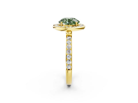 Yellow gold Fancy Green Round Cut Diamond Halo Ring with Bezel Frame and Pavé Band_2