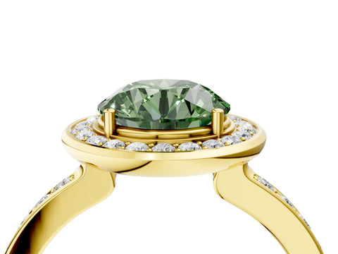 Yellow gold Fancy Green Round Cut Diamond Halo Ring with Bezel Frame and Pavé Band_4