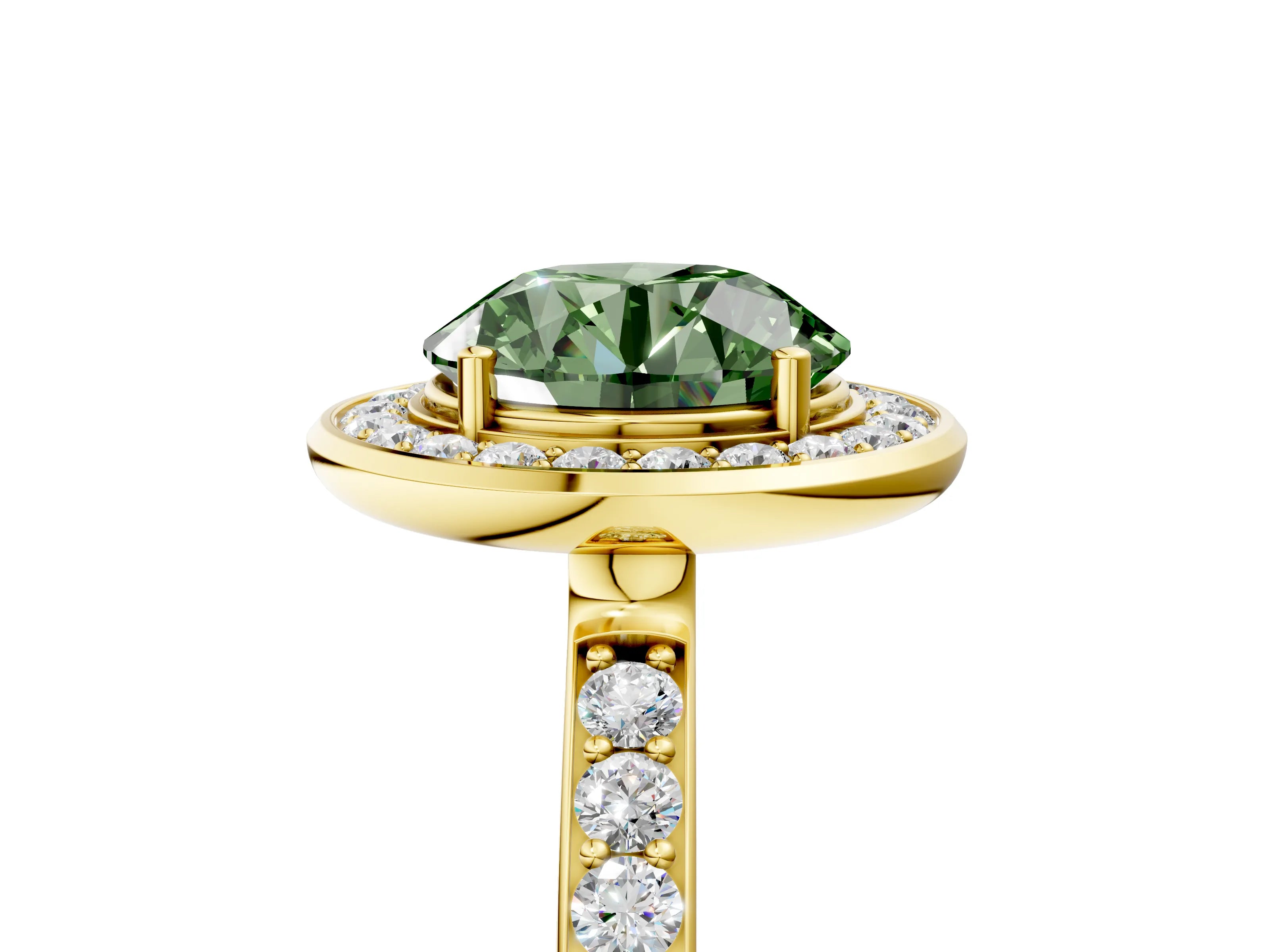 Yellow gold Fancy Green Round Cut Diamond Halo Ring with Bezel Frame and Pavé Band_5