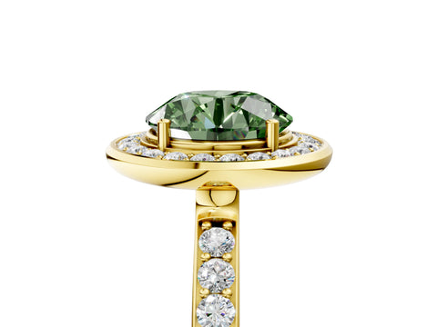 Yellow gold Fancy Green Round Cut Diamond Halo Ring with Bezel Frame and Pavé Band_5