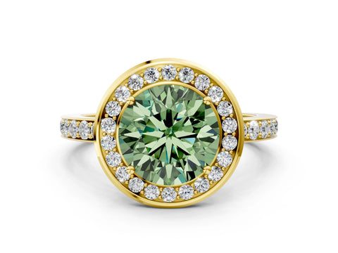 Yellow gold Fancy Green Round Cut Diamond Halo Ring with Bezel Frame and Pavé Band