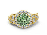 Yellow gold Fancy Green Round Cut Diamond Halo Ring with Milgrain Pavé Band and Four-Prong Setting_54