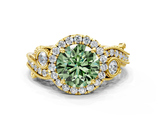 Yellow gold Fancy Green Round Cut Diamond Halo Ring with Milgrain Pavé Band and Four-Prong Setting