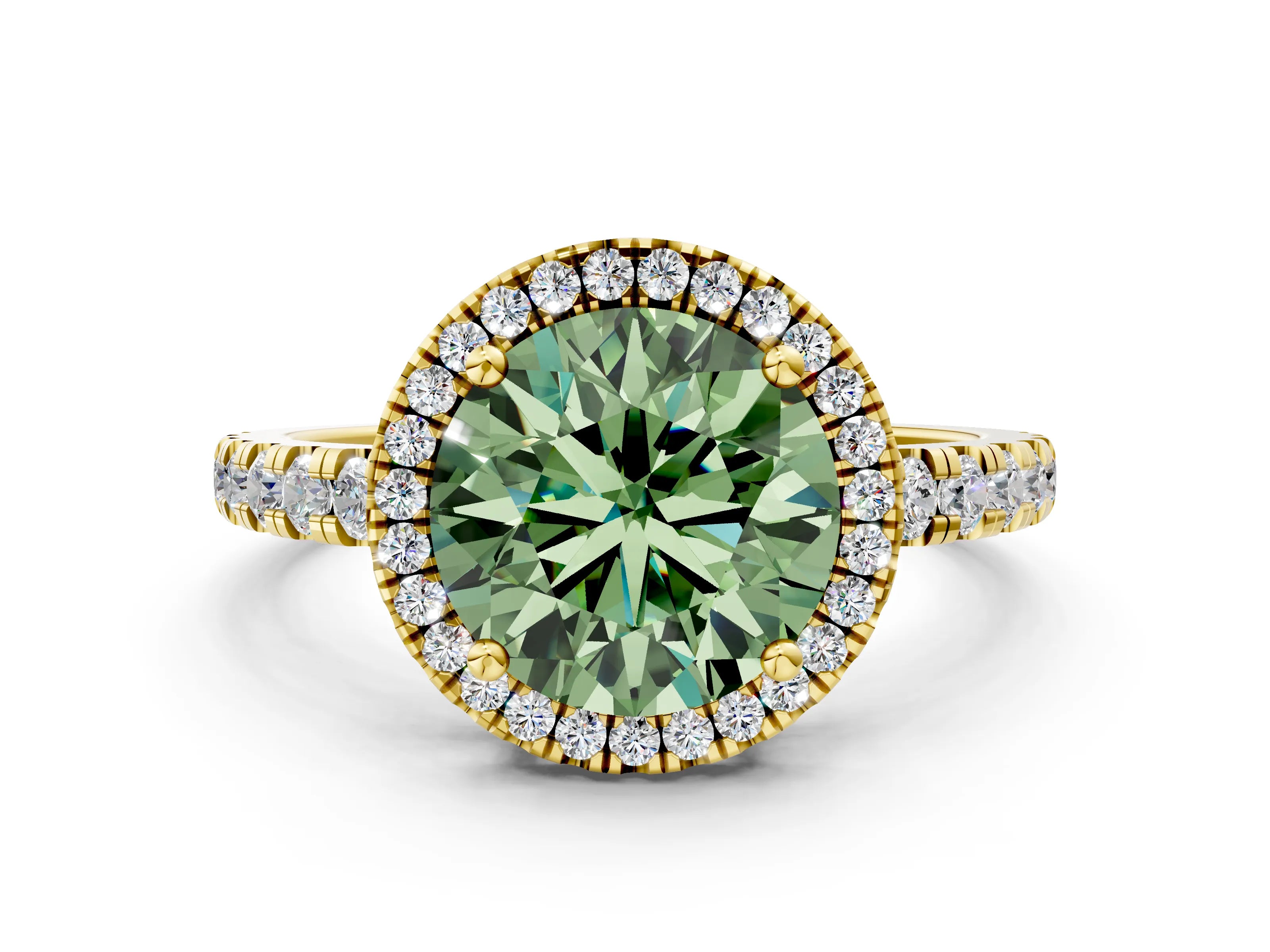 Yellow gold Fancy Green Round Cut Diamond Halo Ring with Pavé Band and Four-Prong Setting