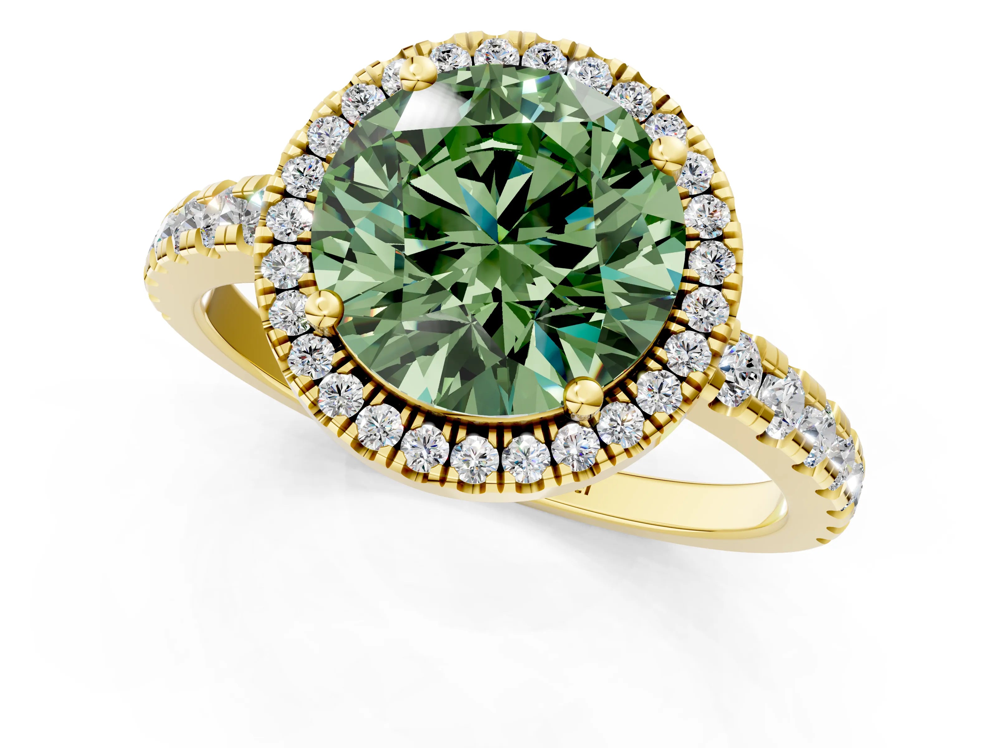 Yellow gold Fancy Green Round Cut Diamond Halo Ring with Pavé Band and Four-Prong Setting_1