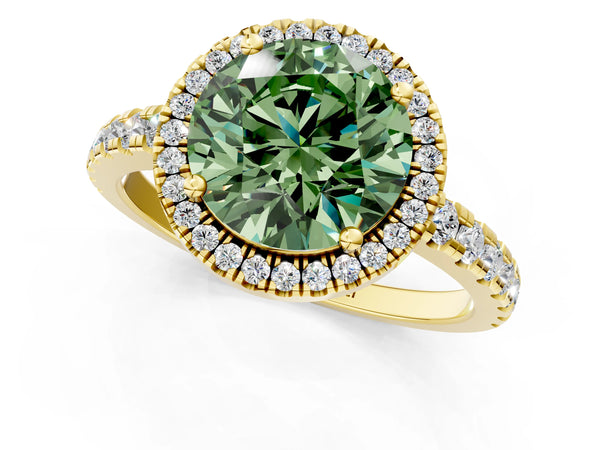 Yellow gold Fancy Green Round Cut Diamond Halo Ring with Pavé Band and Four-Prong Setting