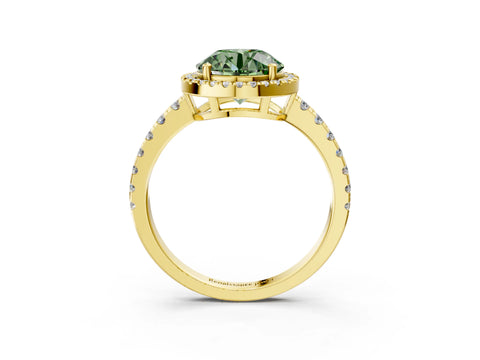 Yellow gold Fancy Green Round Cut Diamond Halo Ring with Pavé Band and Four-Prong Setting_3