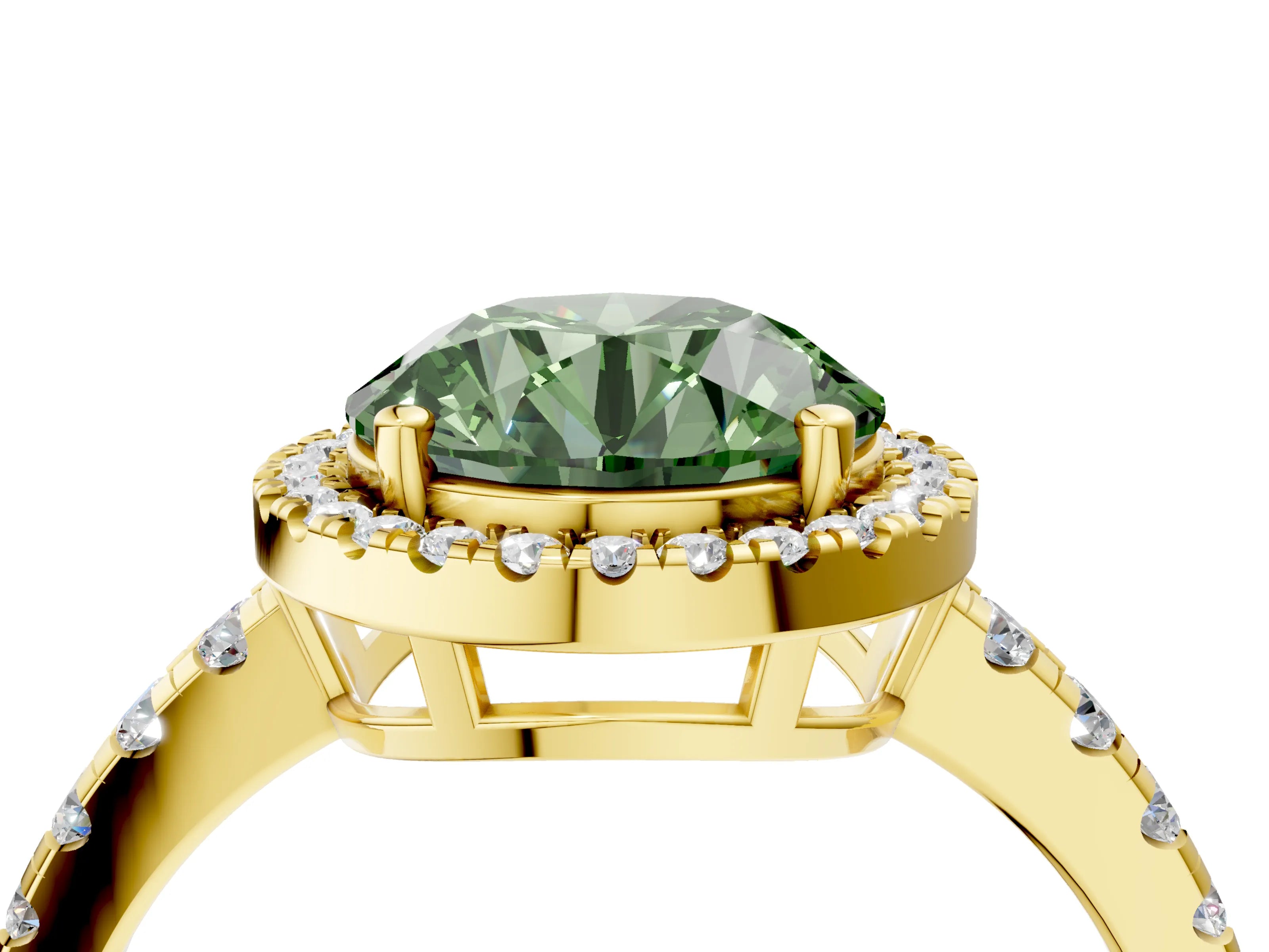 Yellow gold Fancy Green Round Cut Diamond Halo Ring with Pavé Band and Four-Prong Setting_4
