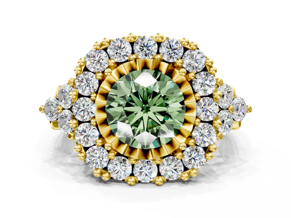 Yellow gold Fancy Green Round Cut Diamond Halo Ring with Pavé Band and Four-Prong Setting_42